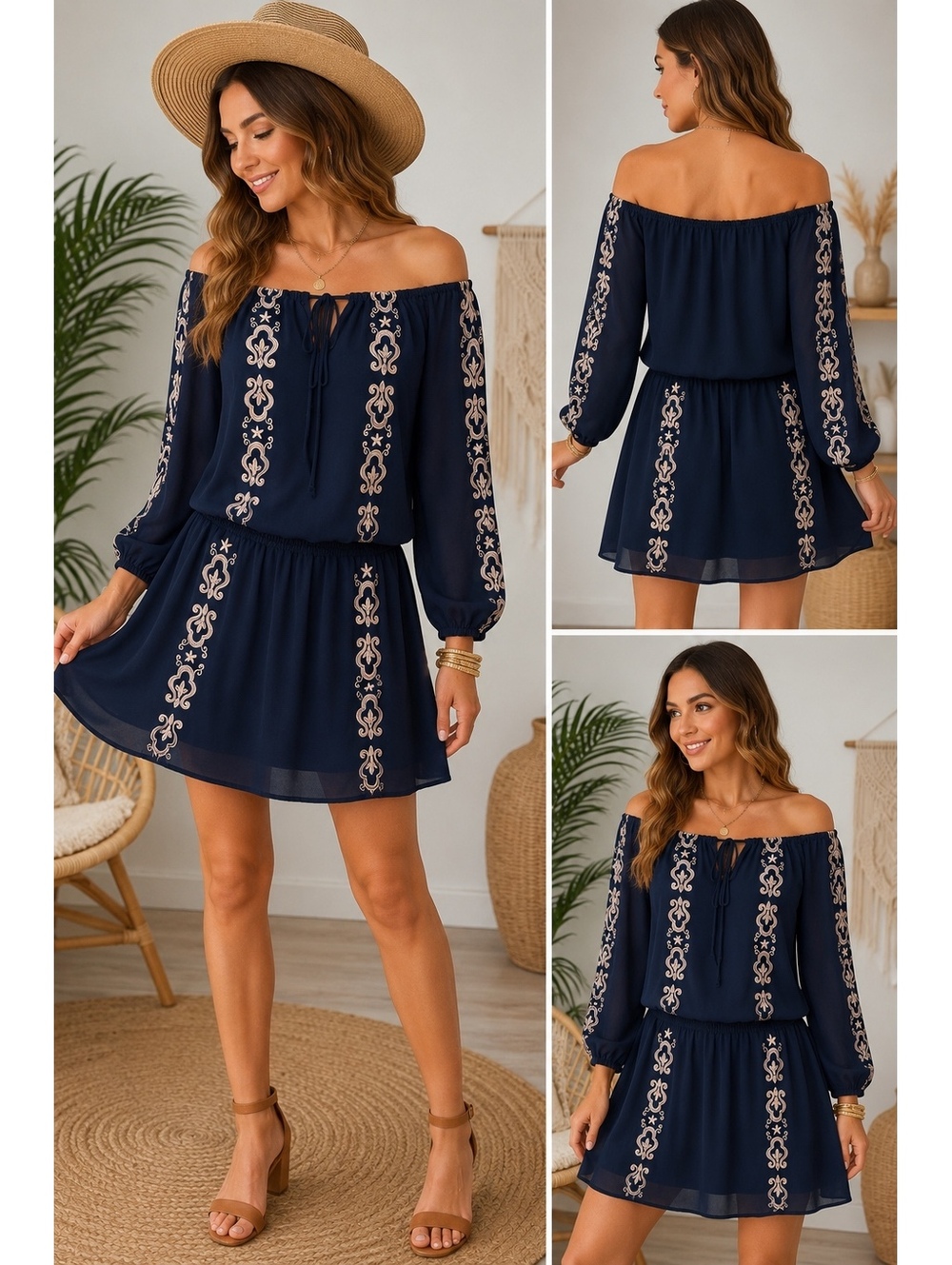 Union of Angels M Navy Embroidered Off Shoulder Boho Mini Dress Peasant